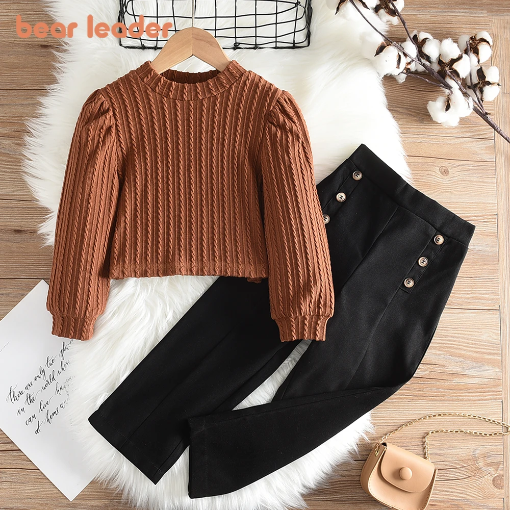 

Bear Leader Girls Fall Casual Suit Fashion Clothing Suit Bubble Sleeve Thread Imitation Sweater + Black Pants Girl Clothes