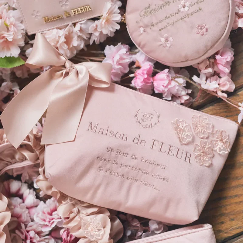 Japanese Cherry Blossom Series Hand Hold Dumpling Bag Girls Cute Pink Mini Clutch Bag Women's Bowknot Satin Cosmetic Bag