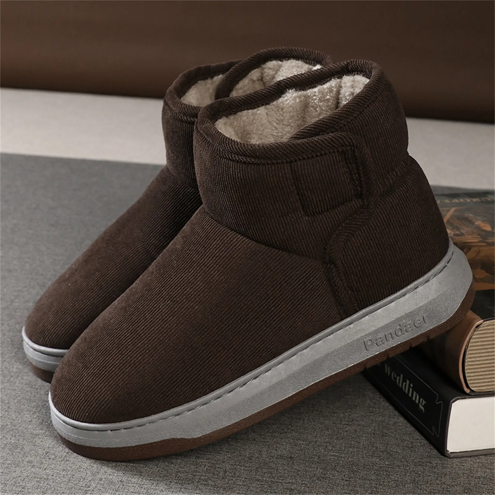 Mens Casual Solid Color Suede Cotton Slippers Warm Thick Sole High-Top Soft Comfort Cotton Boots Indoor Outdoor All Match Shoes