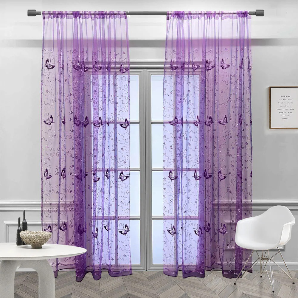 Romantic Modern Embroidered Sequins Butterfly Rustic Sheer Purple Voile Curtains For Living Room Bedroom Kitchen sheer curtains window curtains decor curtains embroidered curtains