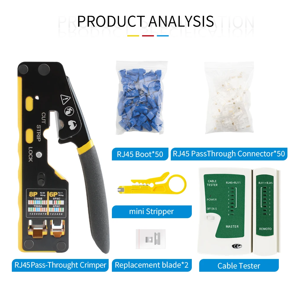 Cat6 RJ45 RJ12 크림핑 툴 키트 8P6P 패스 스루 크림퍼 네트워크 케이블 테스터 와이어 스트리퍼 Cat6 50개 커넥터 및 부츠