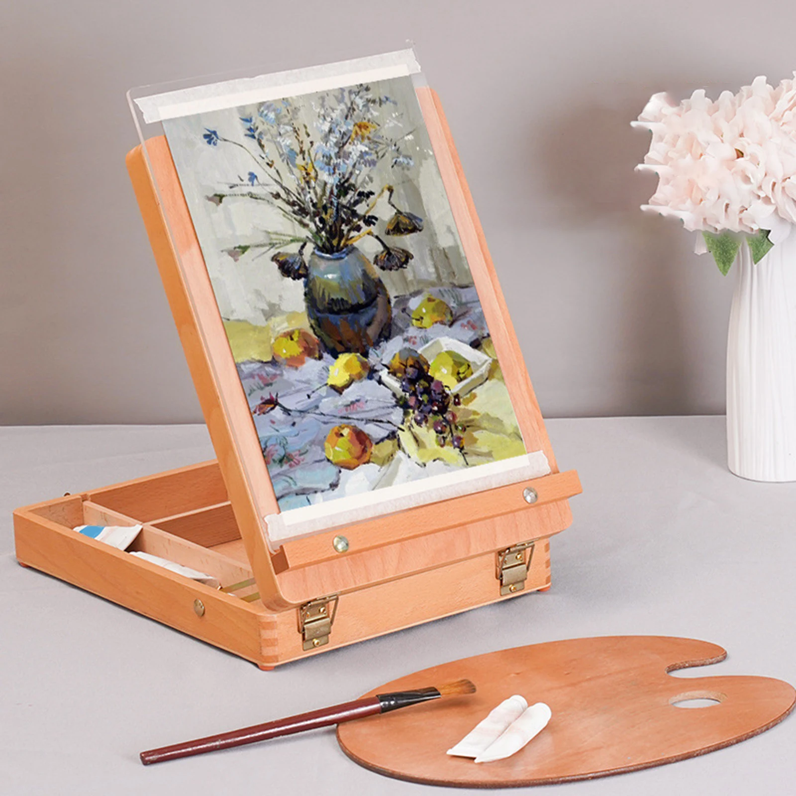 Wooden Table Top Box Easel with Storage Case Portable Painting Easel for Painting Student Beginner Art Storage Case