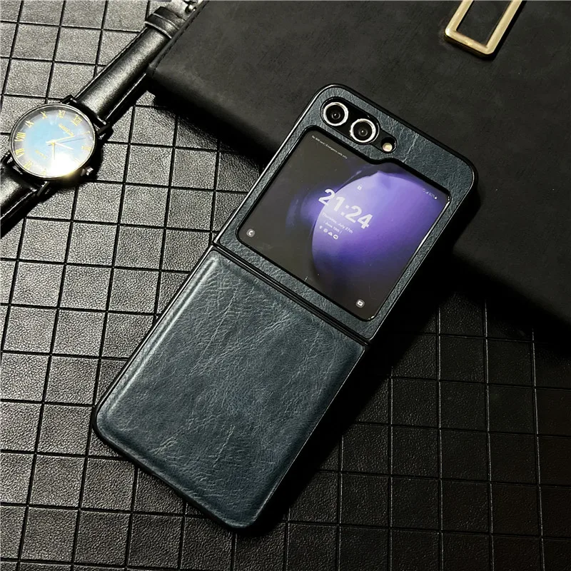 Pu Leather Phone Case For Samsung Galaxy Z Flip 5 5G Solid Color Small Screen Tempered Film Protective Shell Flip5 Cover