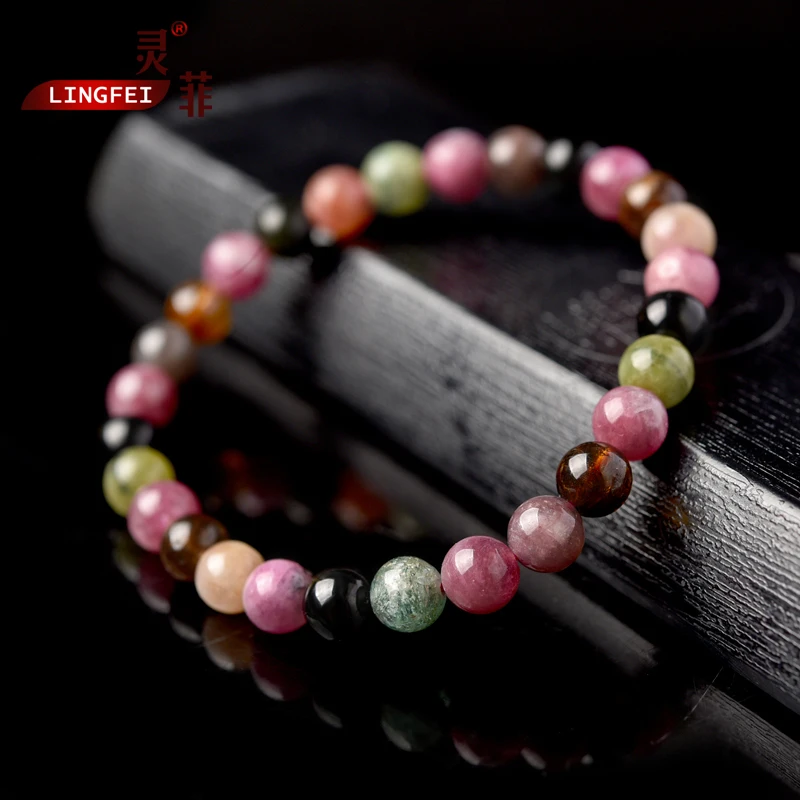 

UMQ Old Material Tourmaline Bracelet 5-10mm Authentic Rainbow Color Beads Single Circle HandString for Women bracelet for women