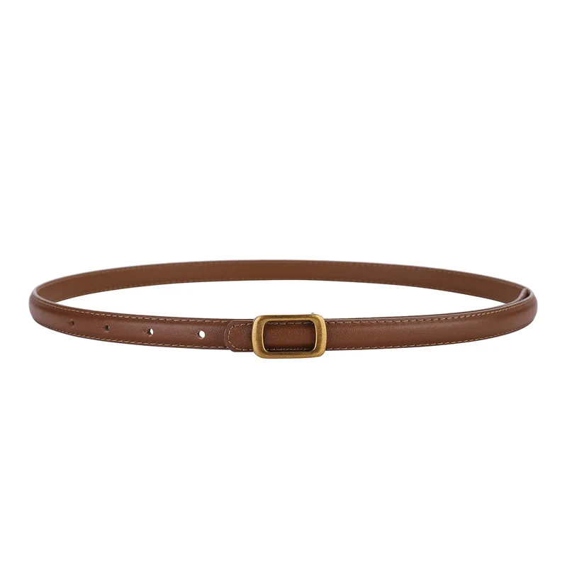 New Thin Genuine Leather Belt for Women Stylish Waist Accessory with Metal Square Buckle Perfect for Dresses Jeans