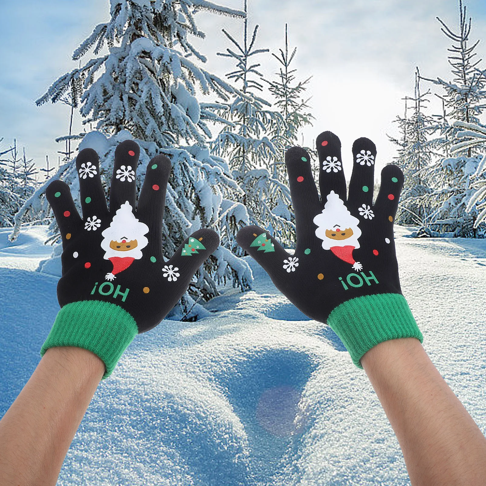 

1Pair of Autumn Winter Knitted Printing Pattern Thick Warm Female Touching Finger Gloves(Black)