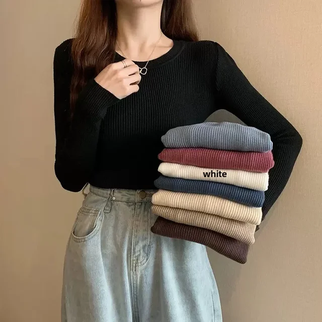 Blackinnerslims Women's Knitted Long Sleeve Sweater Outerwear Smooths Your Silhouette Base Layer Top Round Neck Spring Autumn 1