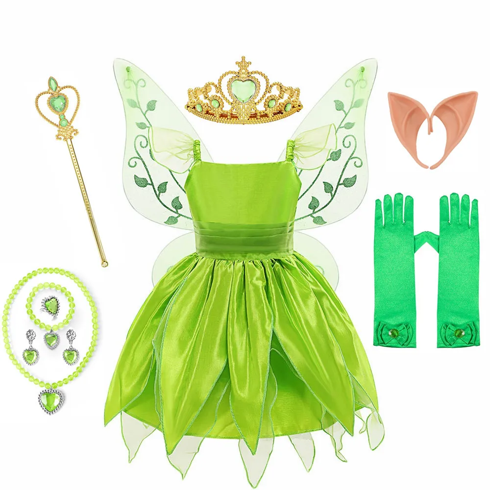 New Tinkerbell Princess Halloween Cosplay Girls Party Green Flower Fairy Tinker Bell Dress Elf Costume Glitter Butterfly Wing