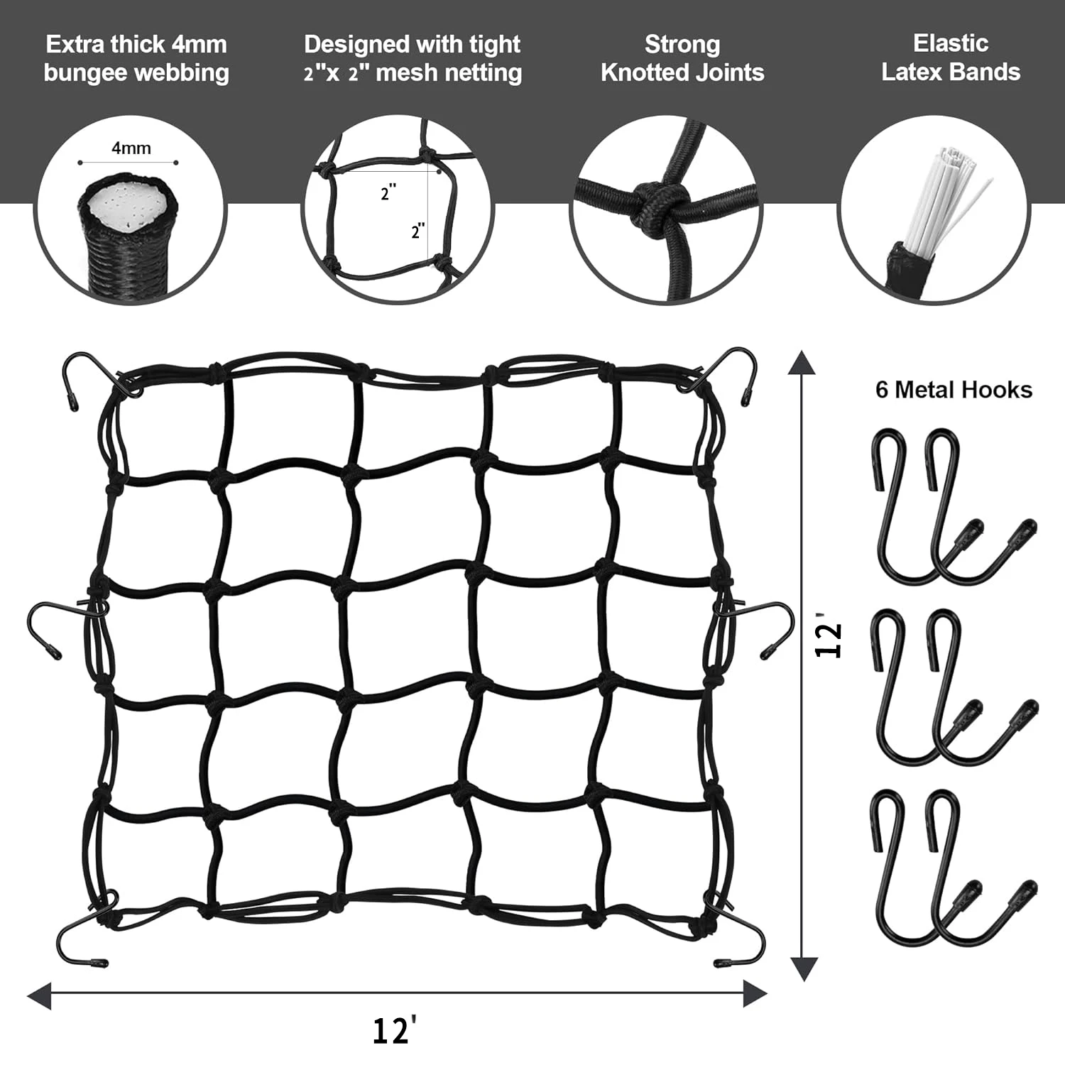 Motorcycle Cargo Net 1pcs 40*40cm 6 Hooks Hold down Fuel Tank Luggage Mesh Web Bungee