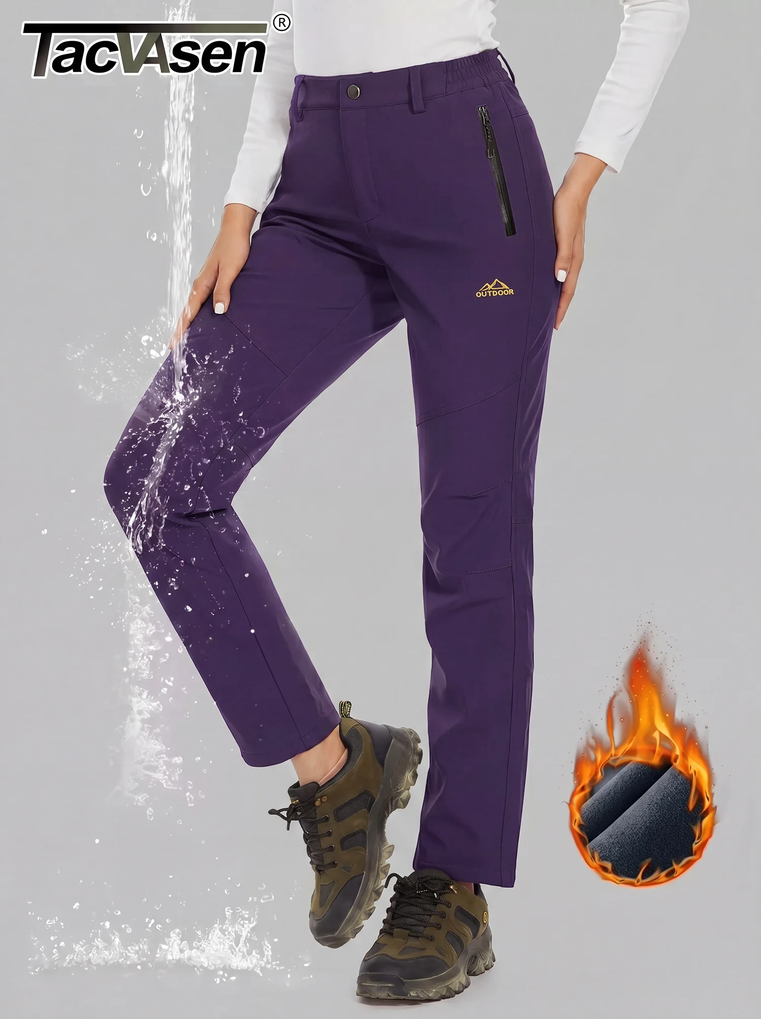 TACVASEN Women's Softshell Fleece Lining Pants Hiking Trekking Mountain Pants Cargo Work Ski Snowboard Trousers Zipper Pockets