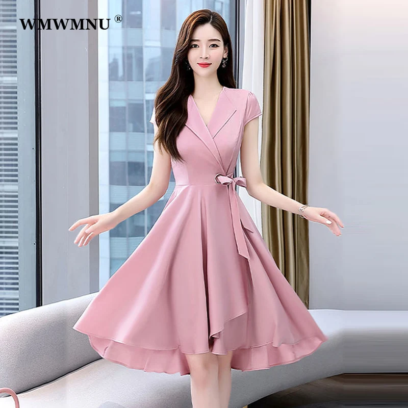 Korean Fashion V Neck Aline Pleated Dress Women Summer Elegant Knee