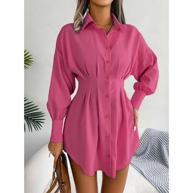 Women's Fashion Lantern Sleeve Waist Long Shirts Spring Summer Lady Office Lapel Button Long Sleeve Solid Color Shirt Mini Dress 5