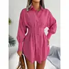 Women's Fashion Lantern Sleeve Waist Long Shirts Spring Summer Lady Office Lapel Button Long Sleeve Solid Color Shirt Mini Dress 5