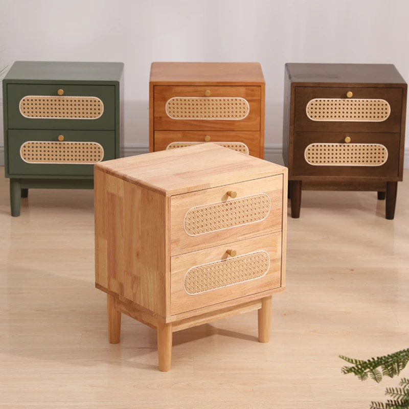 Nightstands Set of Bedside Table with Drawer and Shelf Handmade Rattan Decorated Doors Night Stands for Bedroom
