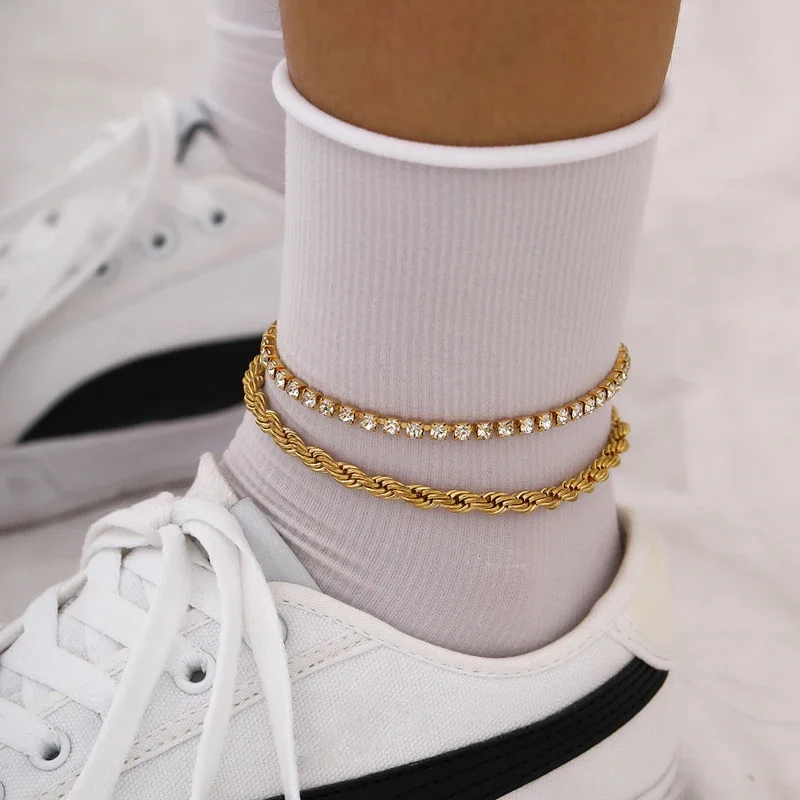 Ankle Chains Silver Anklet Bracelet Cubic Zirconia Anklet Beads Anklet Stainless Steel Anklet Women Gold Color Chain Anklet Bracelets Leg Do Not Fade Jewelry