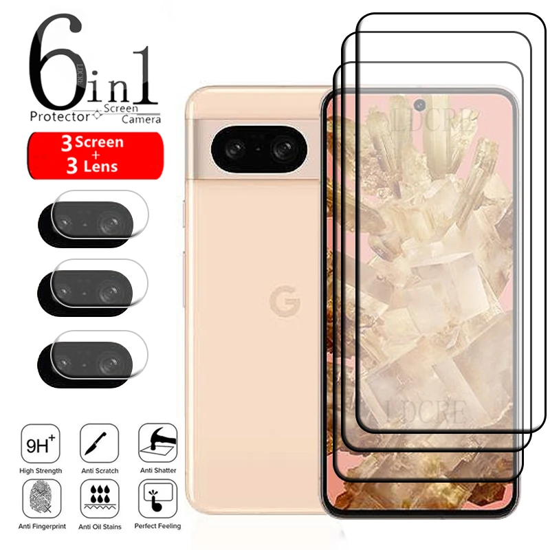 

6-in-1 For Google Pixel 8 Glass Pixel 8 Tempered Glass Full Cover Glue Screen Protector Google Pixel 6 6A 7 7A 8 Pro Lens Glass