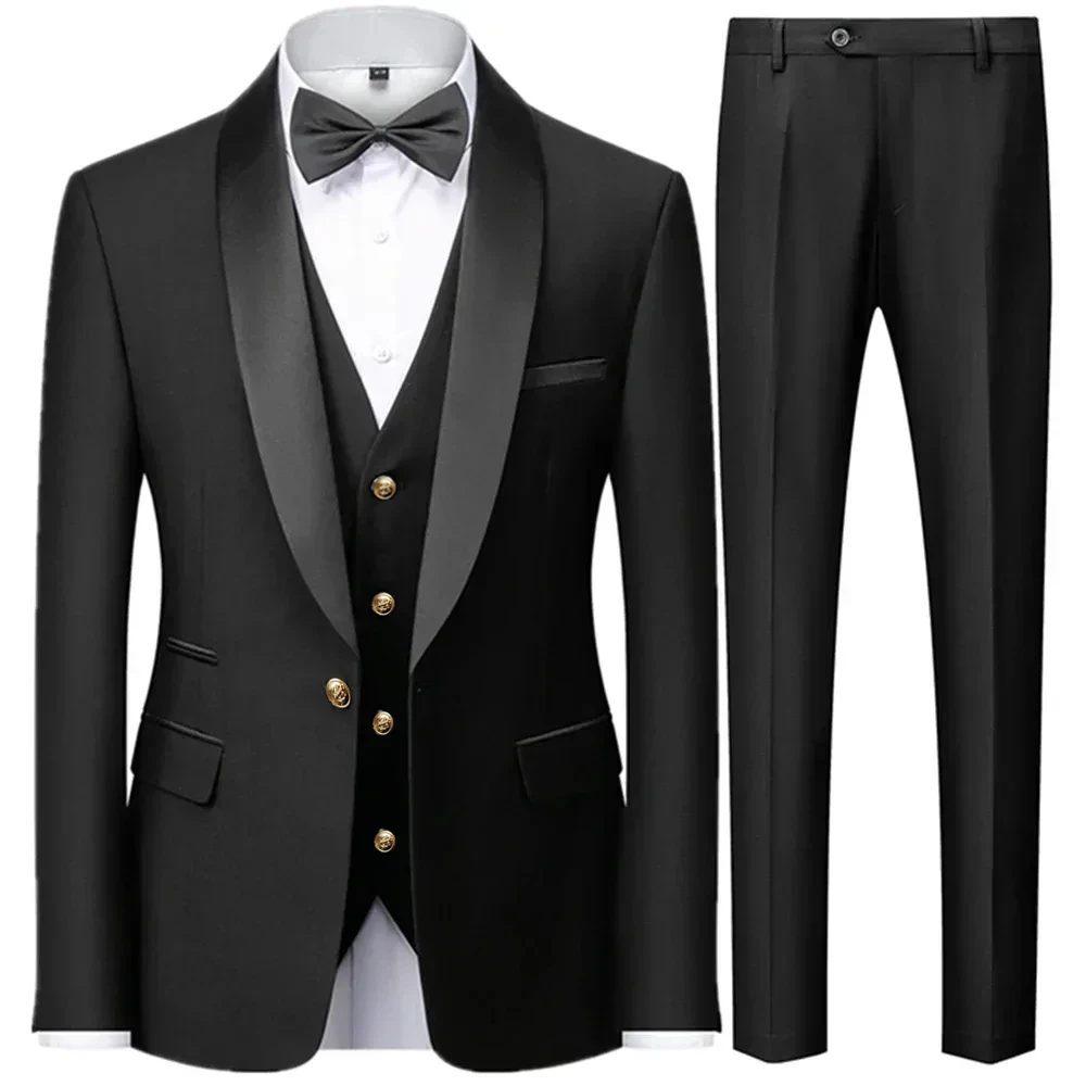 Men's British Style Slim Suit 3 Piece Set Jacket Vest Pants / Male Business Gentleman High End Custom Dress Blazers Coat  M-6XL