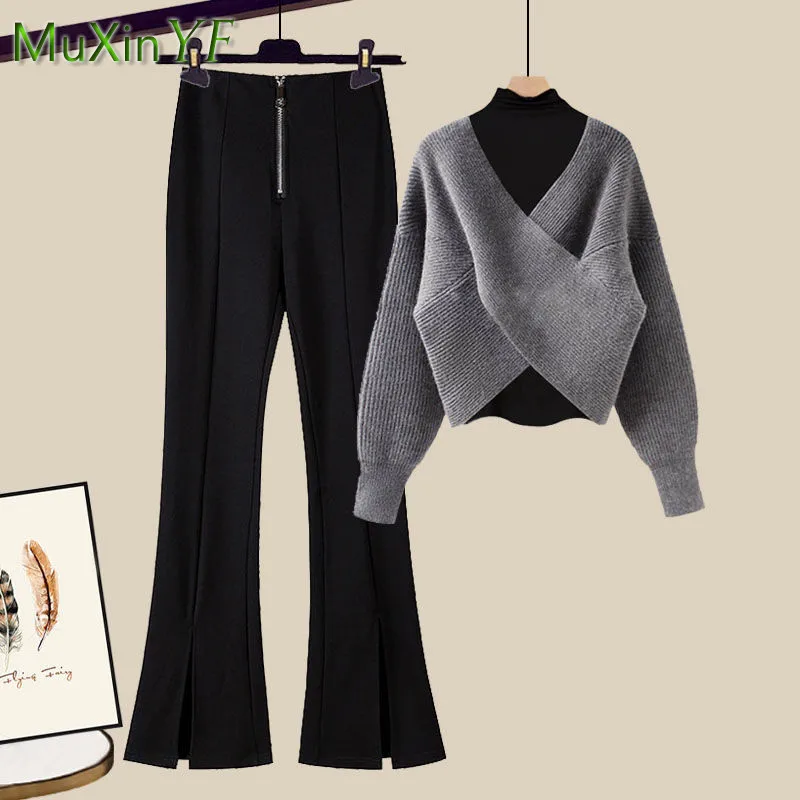 Women's Autumn Winter New Fashion Three-piece Set Korean Elegant Bottoming Shirt+Knitted Sweater Pullover+Denim Trousers Suit