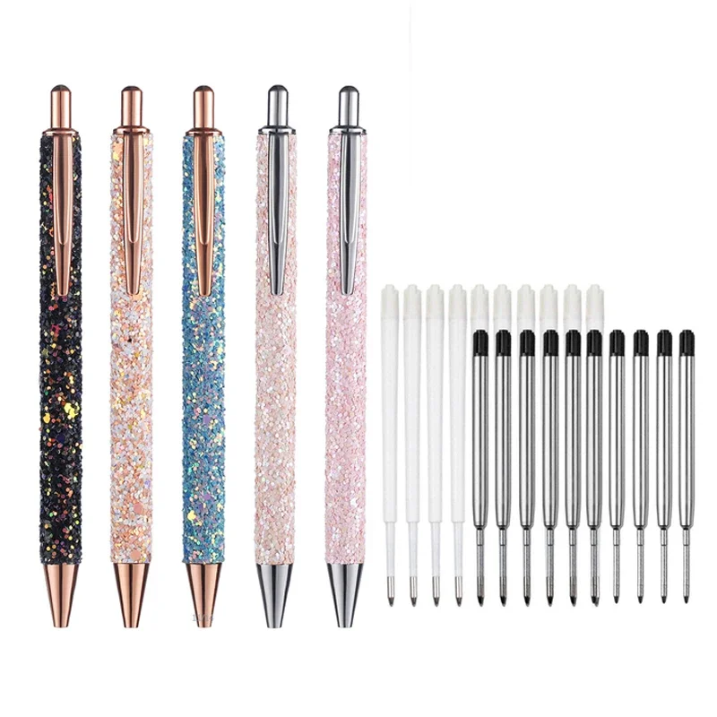 11pcs/set Glitter Sequin Metal Pen 1.0mm Black Refill Rod Retractable Ballpoint Pen for School Office Stationery Gift Office 1