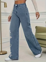 plus Size Women's Loose Straight Leg Jeans Elegant Side White Flower Draw Washed High Waist plus Size Women's Denim Jeans - Image 4