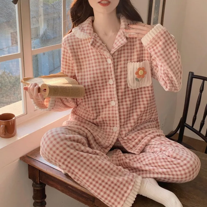 Autumn Winter Women Coral Velvet Sleepwear Thickened Cardigan Sweet Cute Loungewear Suit Flannel Long Sleeve Female Pajamas Set