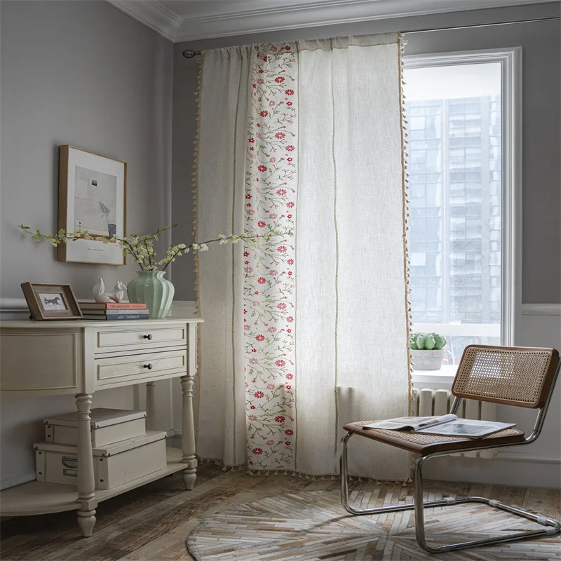 

Nordic Small Floral Embroidery Flowers Curtain White Tassels Blackout Drapes Bay Window Curtains for The Living Room