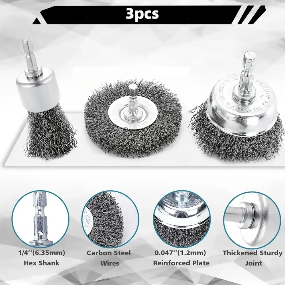 9pcs/3pcs Wire Brush Wheel Cup Brush Set Black Silk 6.35mm Hexagonal Rod for Grinder Abrasive Tool Rust Removal Polishing