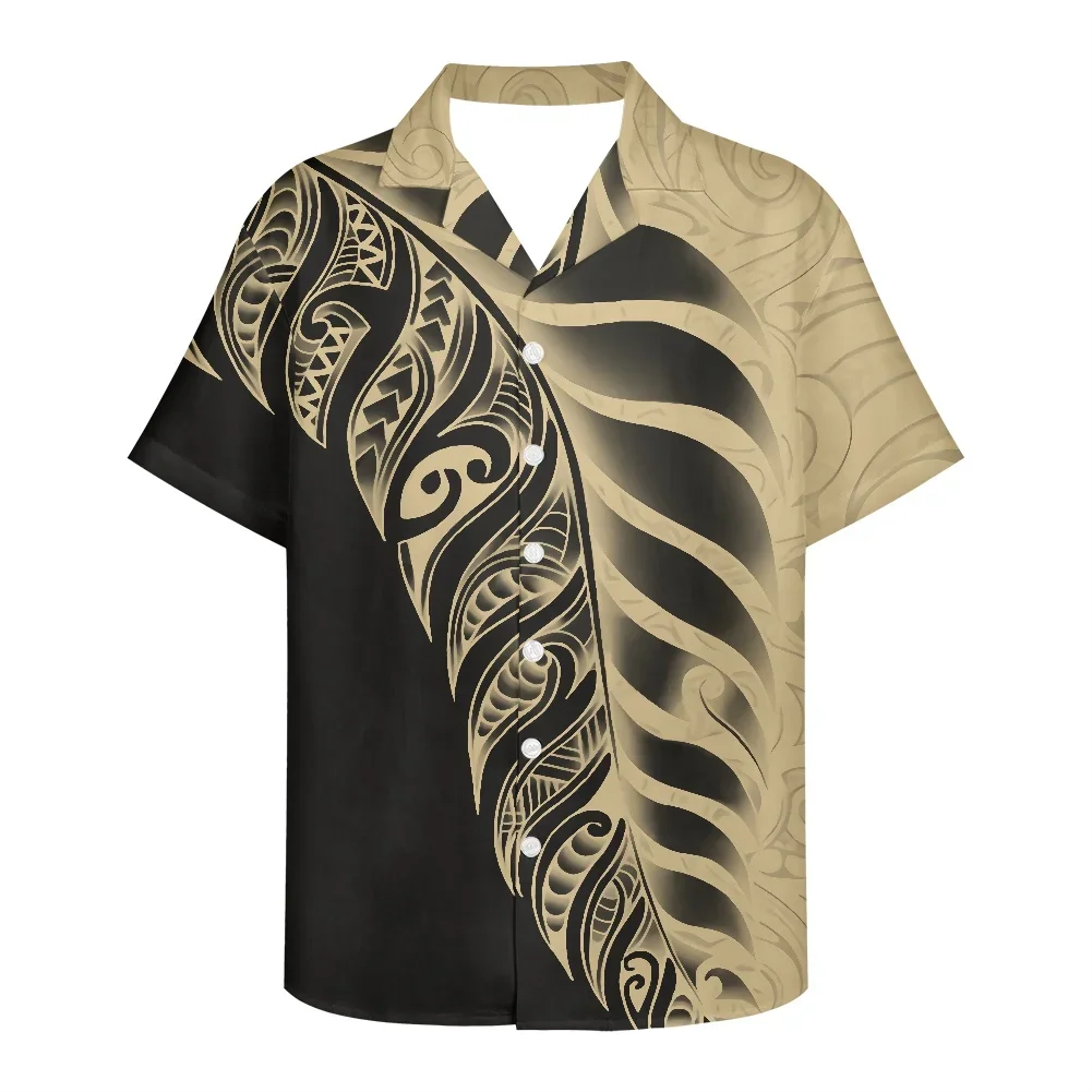 Men's Business Polynesian Shirt Casual Short Sleeve 2022 New Lapel Tribal Tattoo Button Slim Fit Fashion Top 3