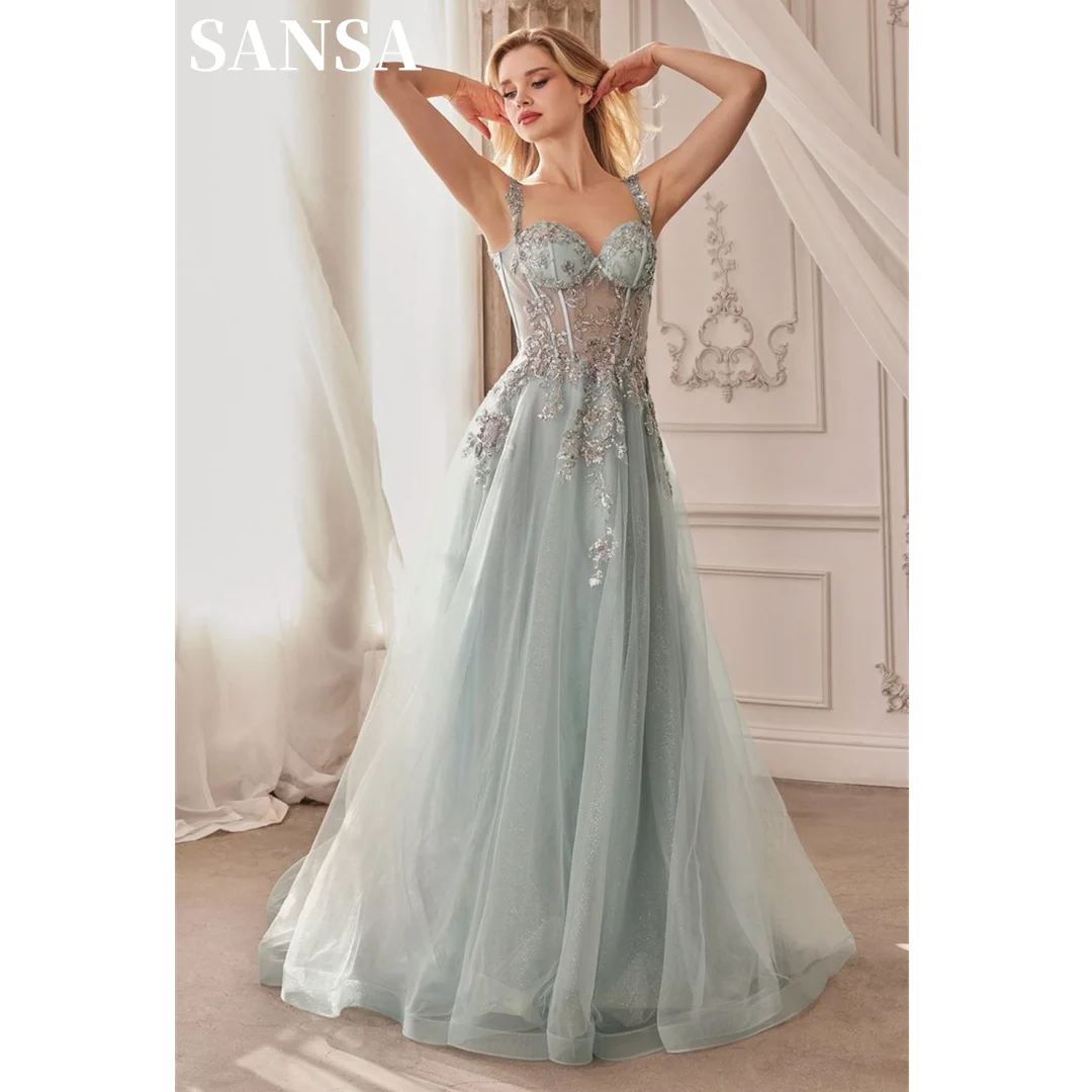 

Sansa Lace Appliques فساتين السهرة Spaghetti Strap Tulle A-line Vestidos De Noche Elegant Sleeveless Floor-Length Prom Dresses