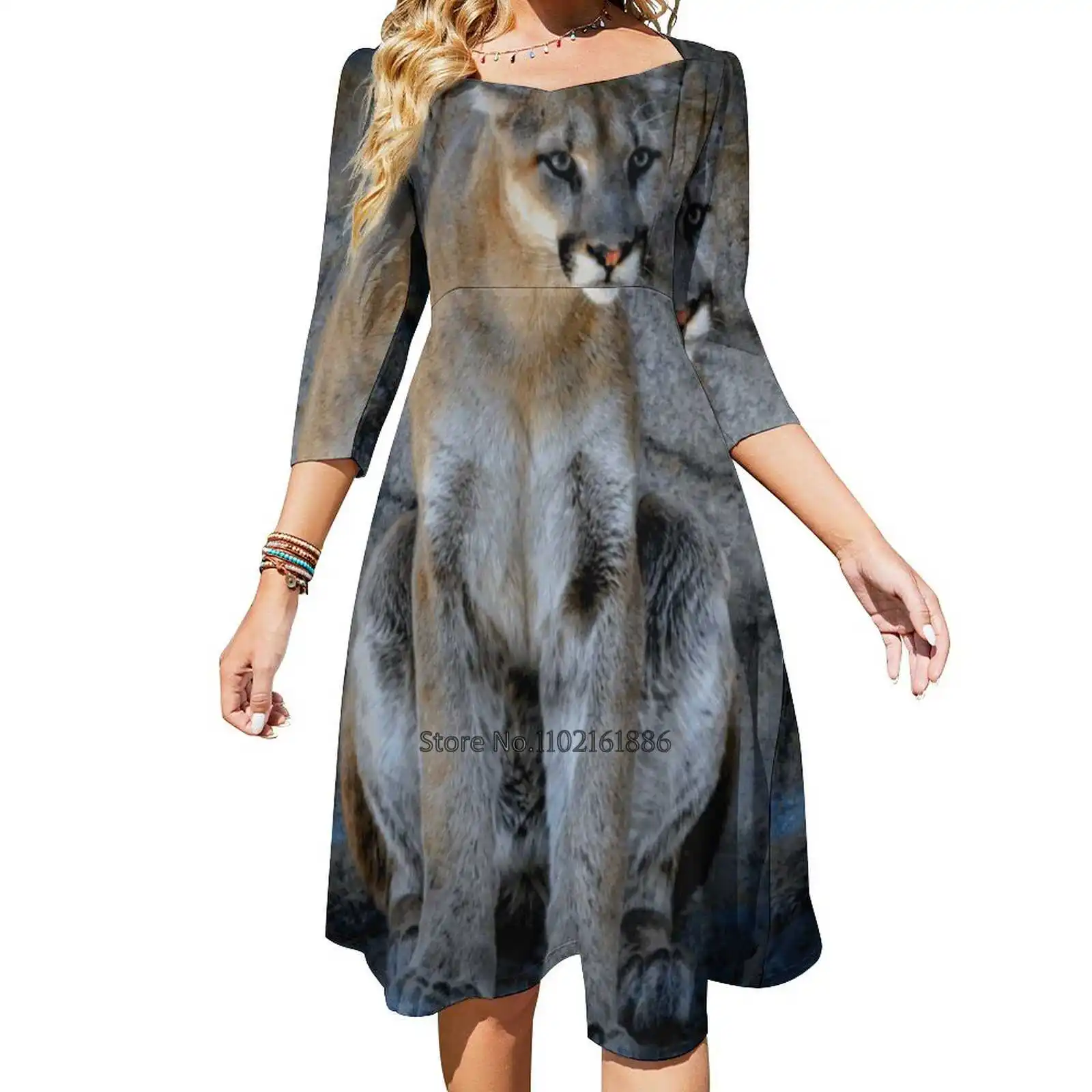 

Cougar Back Lacing Backless Dress Square Neck Dress Fashion Design Large Size Loose Dress Cougar Animal Wild Nature Portrait