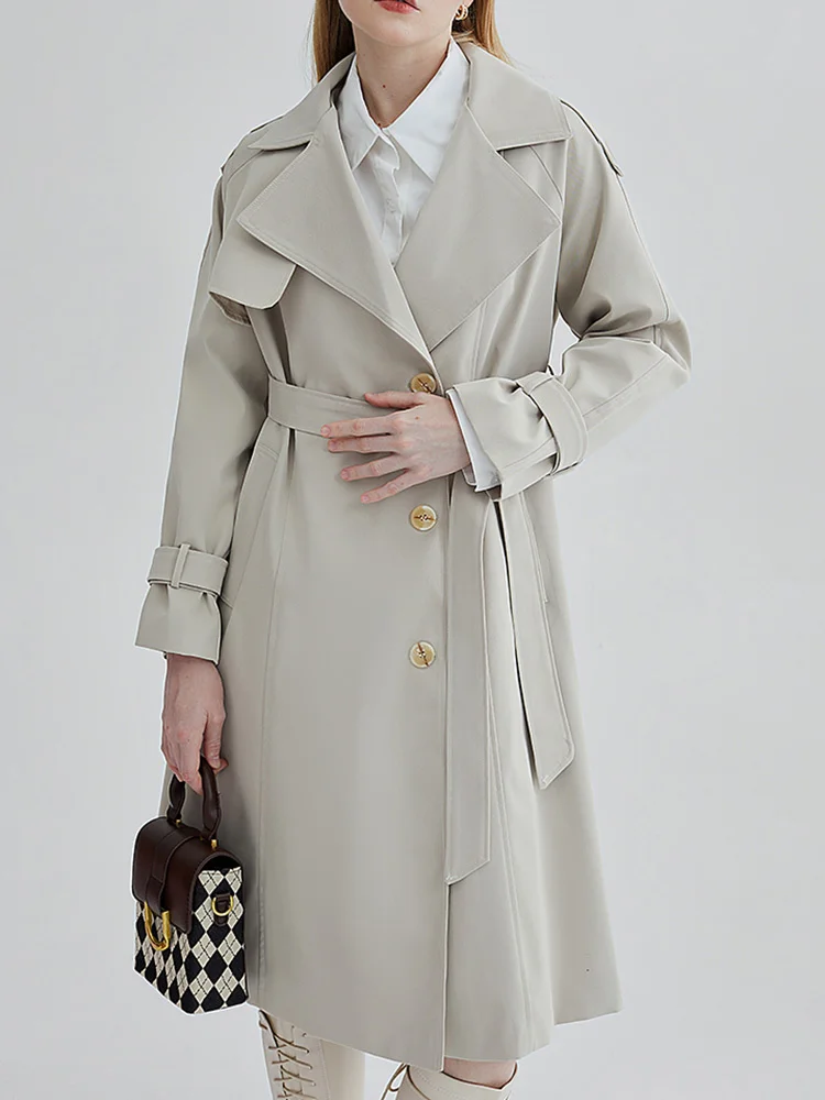 

Women Apricot Belted Big Size Long Trench New Lapel Long Sleeve Loose Fit Windbreaker Fashion Spring Autumn 2023 M401