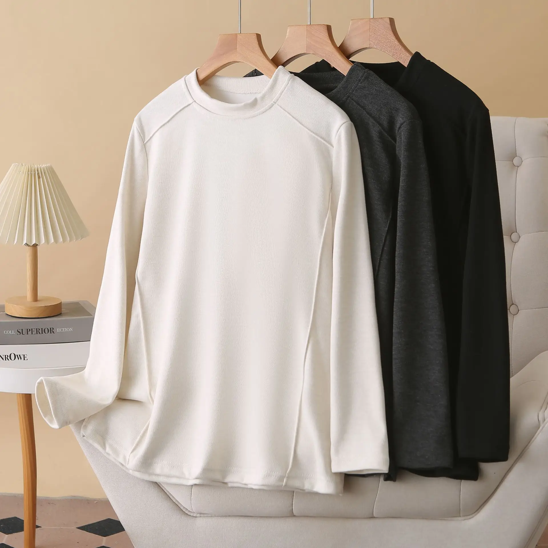 XXXXL Fashion Plus Size Woman Clothing T-Shirt Basic Solid Color three-dimensional Cut Fleece Warm Tops Autumn Winter 2523