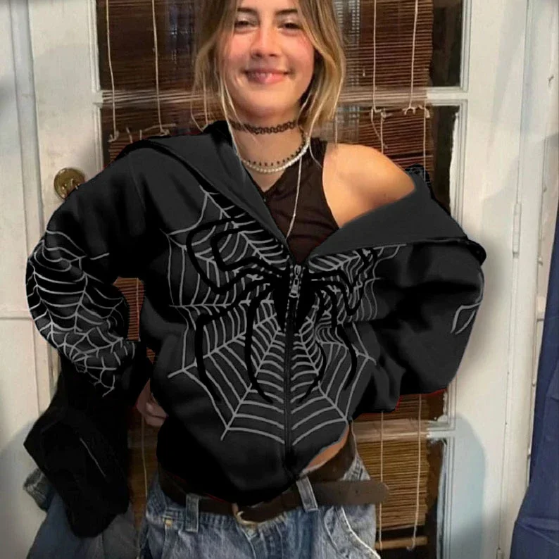 Suéter con cremallera de tela de araña cruzada para mujer, Sudadera con capucha informal de moda, abrigo de lana americano, primavera y otoño, 2024 - Imagen 4