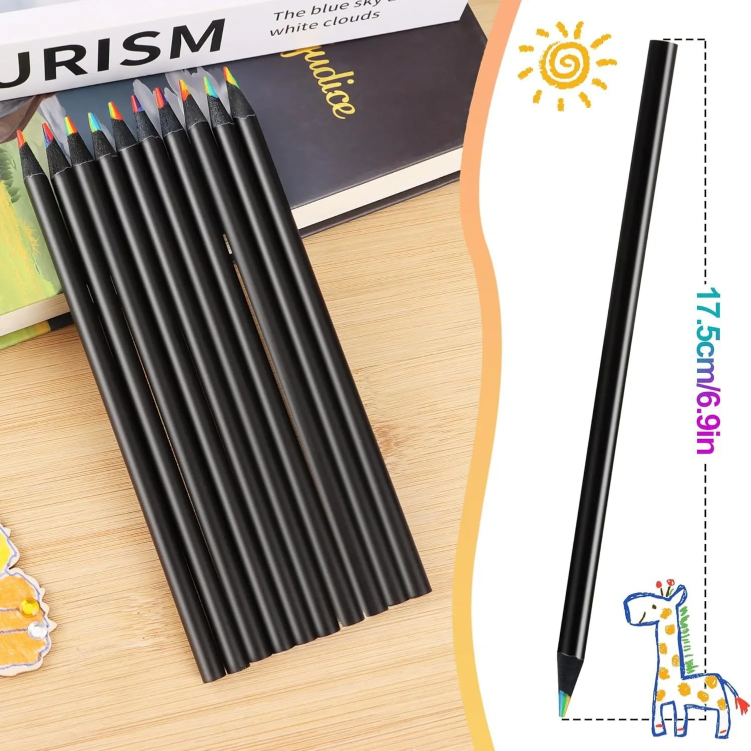 أقلام رصاص خشبية ملونة سوداء نابضة بالحياة - 10 قط...