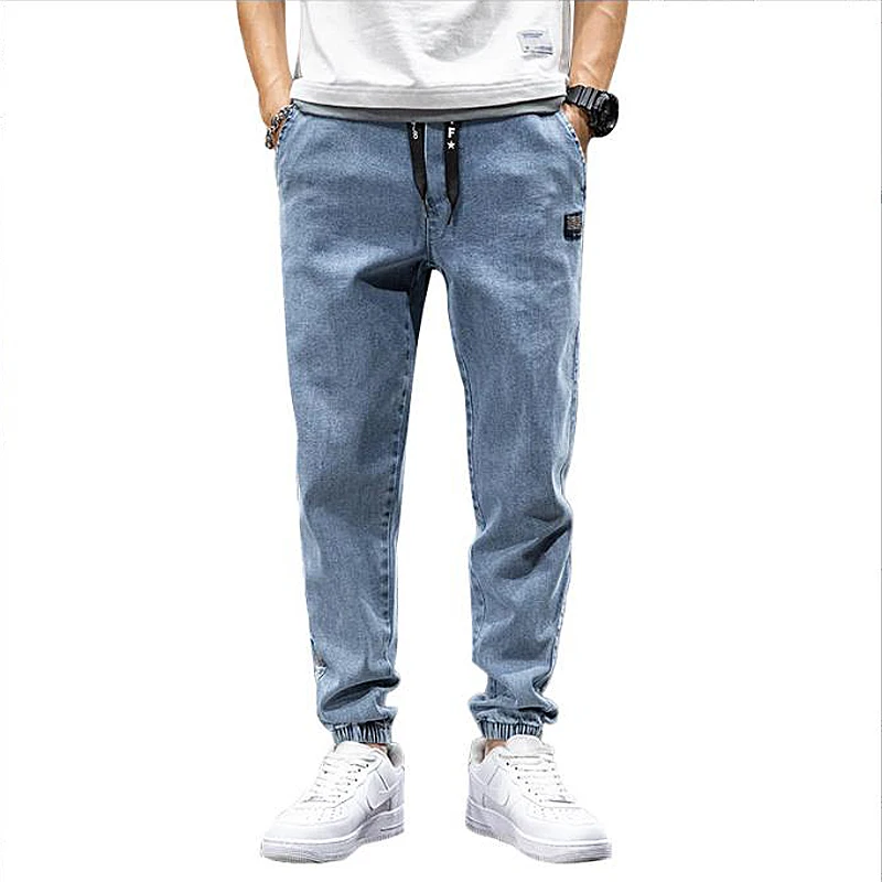 Large size elastic workwear men's ankle tied Harlan denim pants denim trousers cargo jeans wear-resistant and fat added plus size trendy and loose