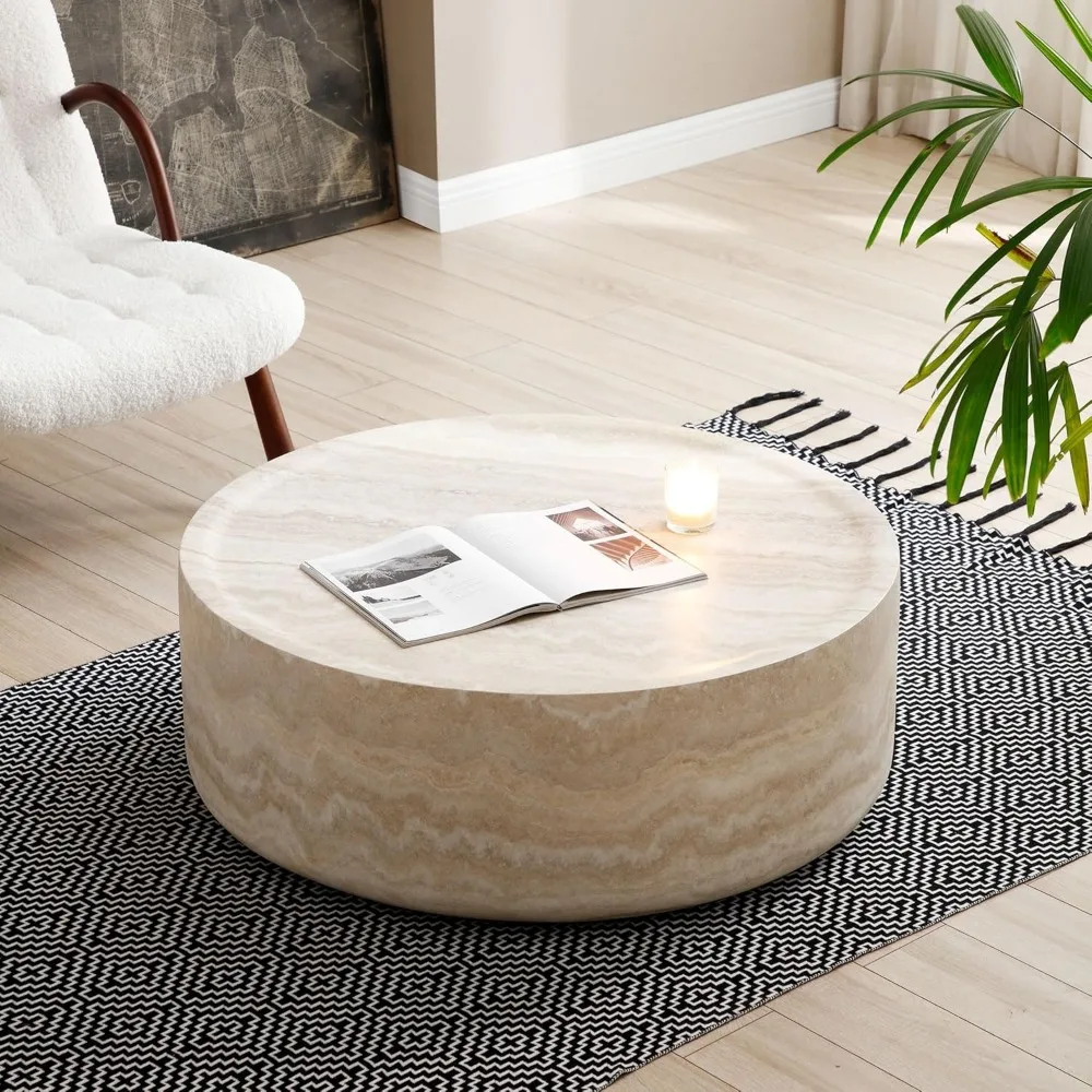 Round Coffee Table,Marble Grain Drum Coffee Table Fiberglass Circle Tea Table Accent Central Table for Living Room 5