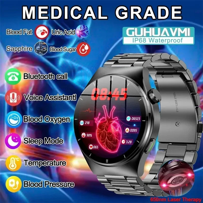 2024New Laser Therapy Blood Glucomb Lipid Acido Urico Smart Watch Men Health Monitor Orologio Fitness Bluetooth Call Smartwatch