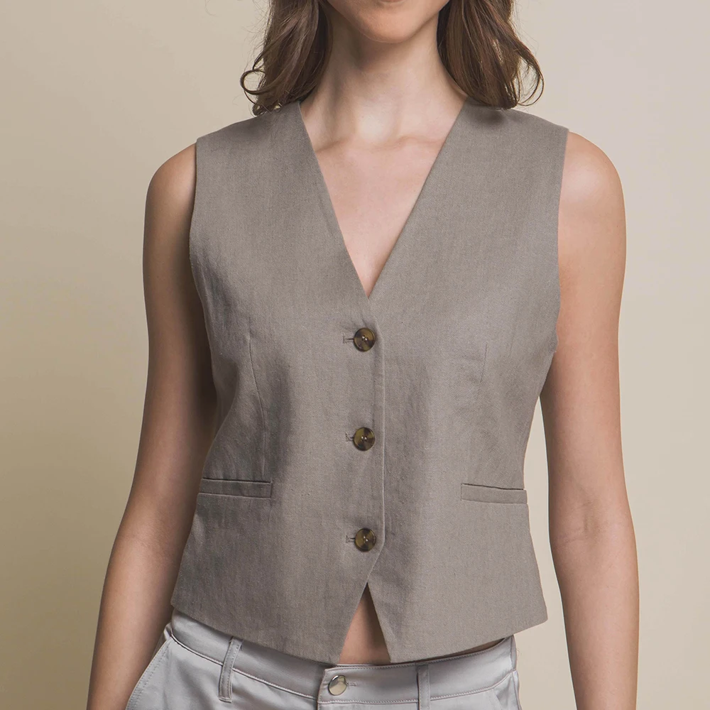 V-Neck Women's Vest Loose Clothes for Women Casual Waistcoat Sleeveless Jacket Summer Linen Single Breasted Coats Jackets