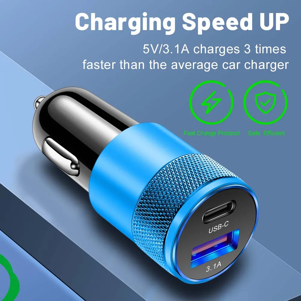 3.1A PD Car Charger USB Type C Fast Charging Car Phone Charger Adapter for iPhone 15 14 iPad Xiaomi Huawei Samsung Quick Charger