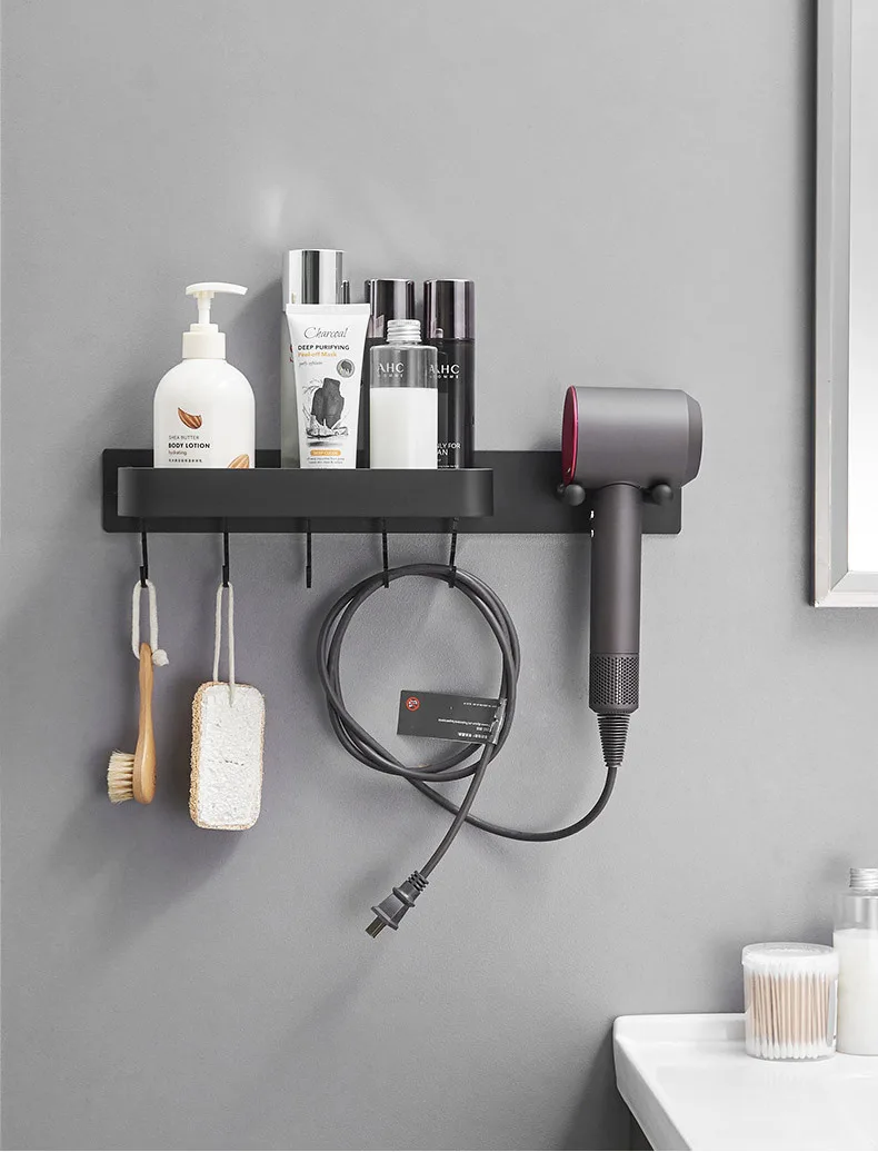Hair Dryer Holder Bathroom Shelf No Drilling Wall Towel Rack Space Aluminum Bathroom Storage Rack Accessories