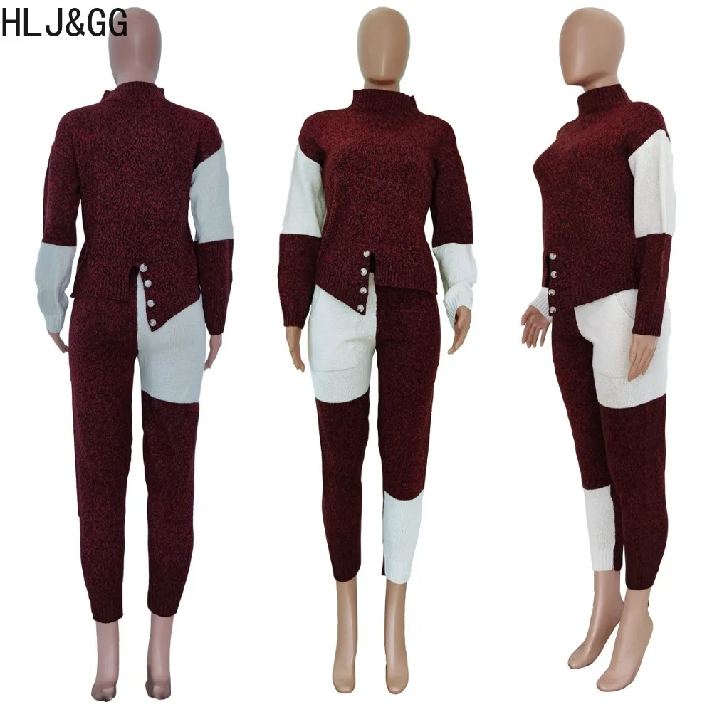 HLJ&GG Winter Casual Patchwork Sweater Two Piece Sets Women O Neck Long Sleeve Top + Skinny Pants Tracksuits Female 2pcs Outfits