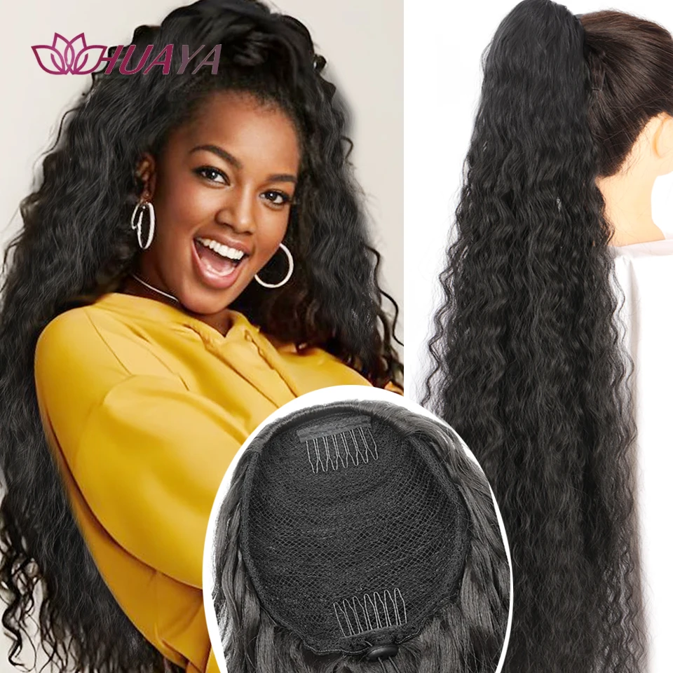 Afro Kinky Curly Ponytail Synthetic Hair Extensions 36 Inch Natural Fluffy Water Wave Horse Tail Hair Pieces Clip in Drawstring