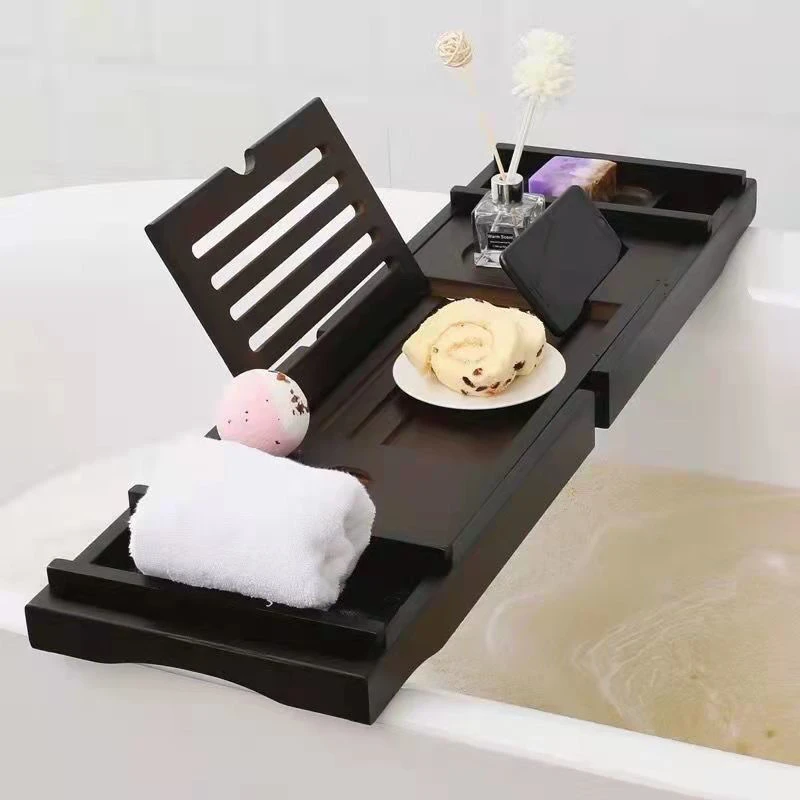 Adjustable Bamboo Bathtub Caddy Non-Slip Extendable Tray for Hotel/Bathroom/Wooden Bucket Spa-Grade Waterproof Organizer