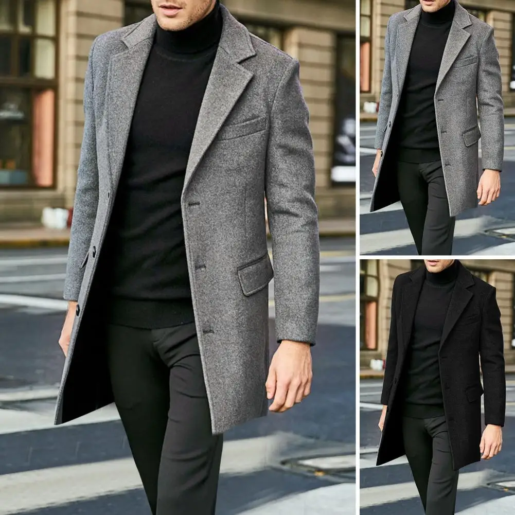 Wool Overcoat Flap Pocket Jacket Mid-length Warm Overcoat For Men Lapel Flap Pockets Solid Color Single-breasted Suit For Winter