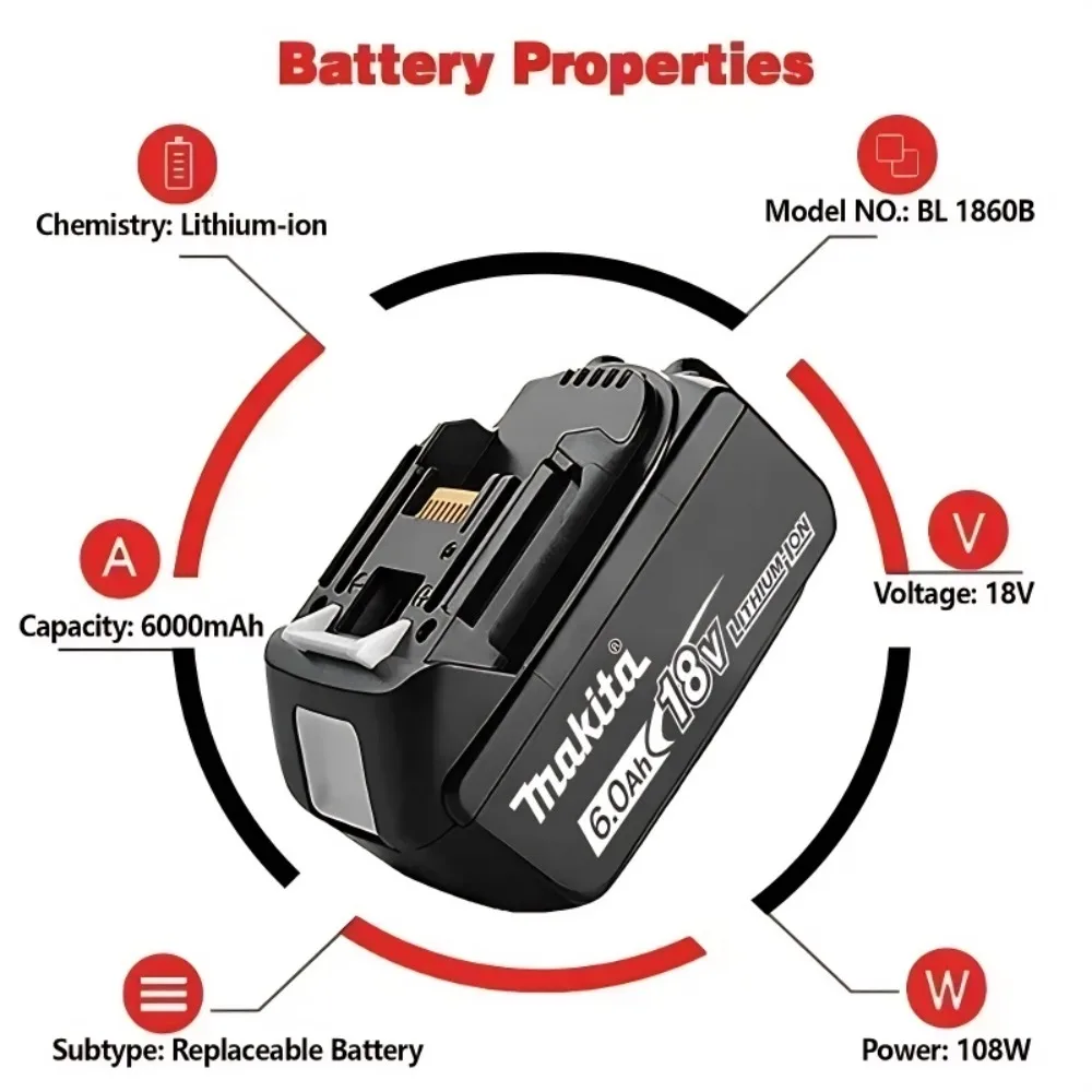 Power Tool Battery Rechargeable Lithium Batteries 6Ah 18V Makita Replacement