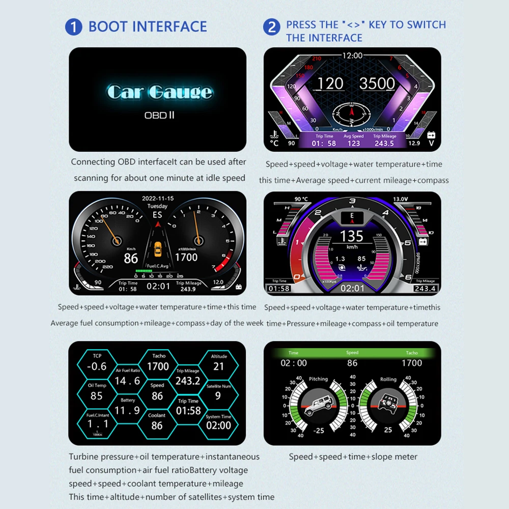 F12 HUD OBD2 Head-up Display On-board Computer Car Speedometer RPM Tachometer Water Temperature Meters Inclinometer Smart Gauge