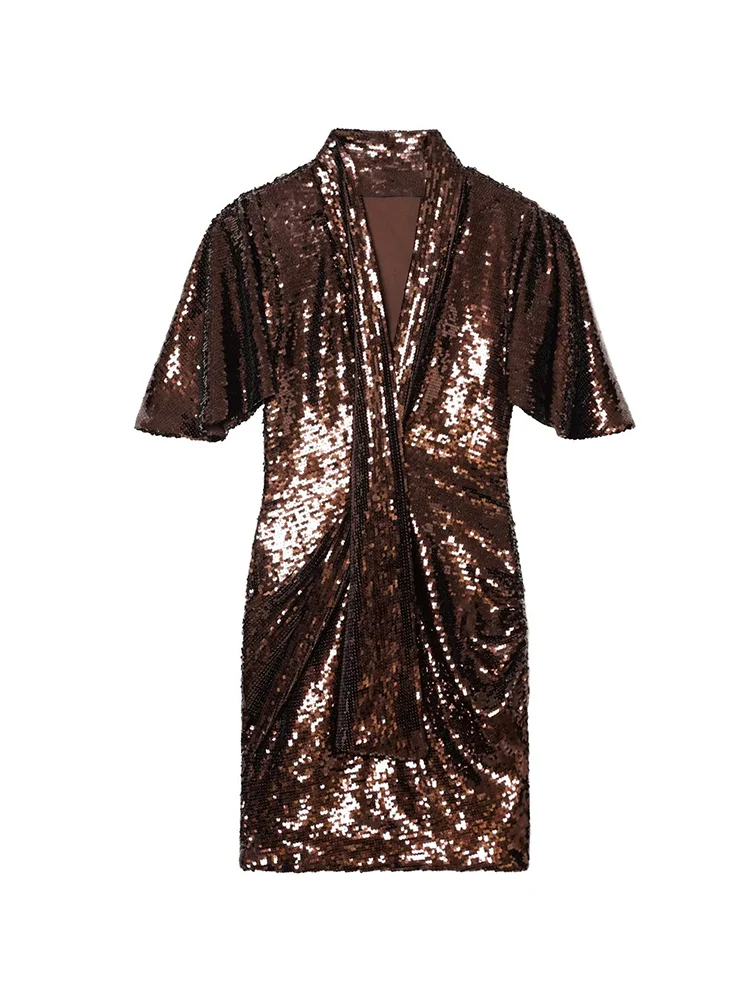 Sexy Solid Sequin Dress For Women Chic Short Sleeve Scarf Neck Slim Fit Mini Dresses 2026 New Lady Evening Party V Neck Dress