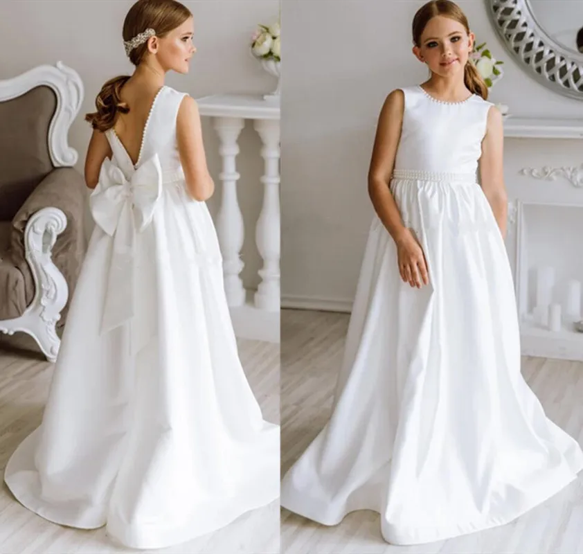 

New White First Communion Dress for Princess Satin Pearls O Neck Open Back Kid Party Pageant Gown Flower Girl Dress