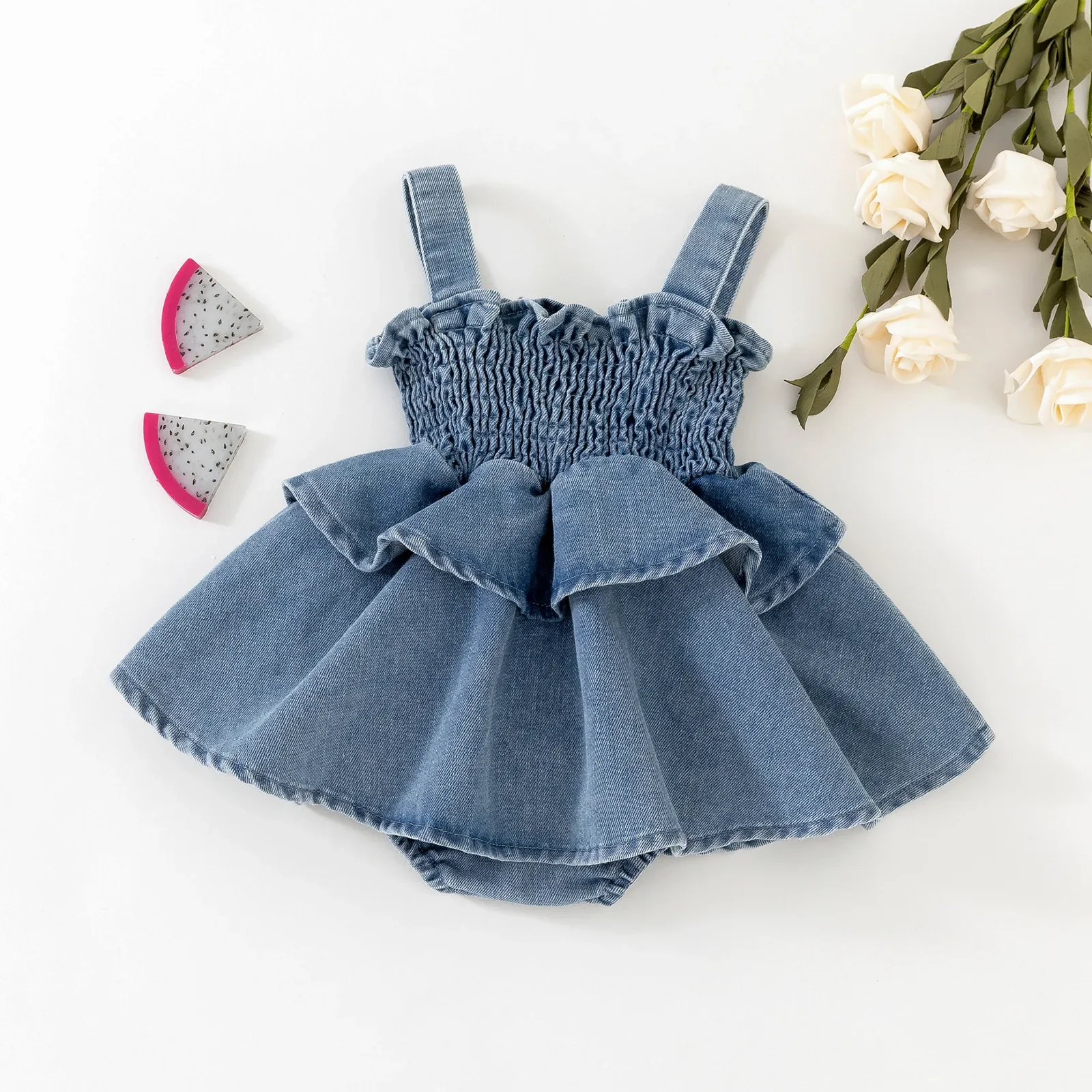 Cute Strawberry Straps Denim Dress Baby Girl Summer Cross-Border Infant Clothing Foot Covering Crawling Suit