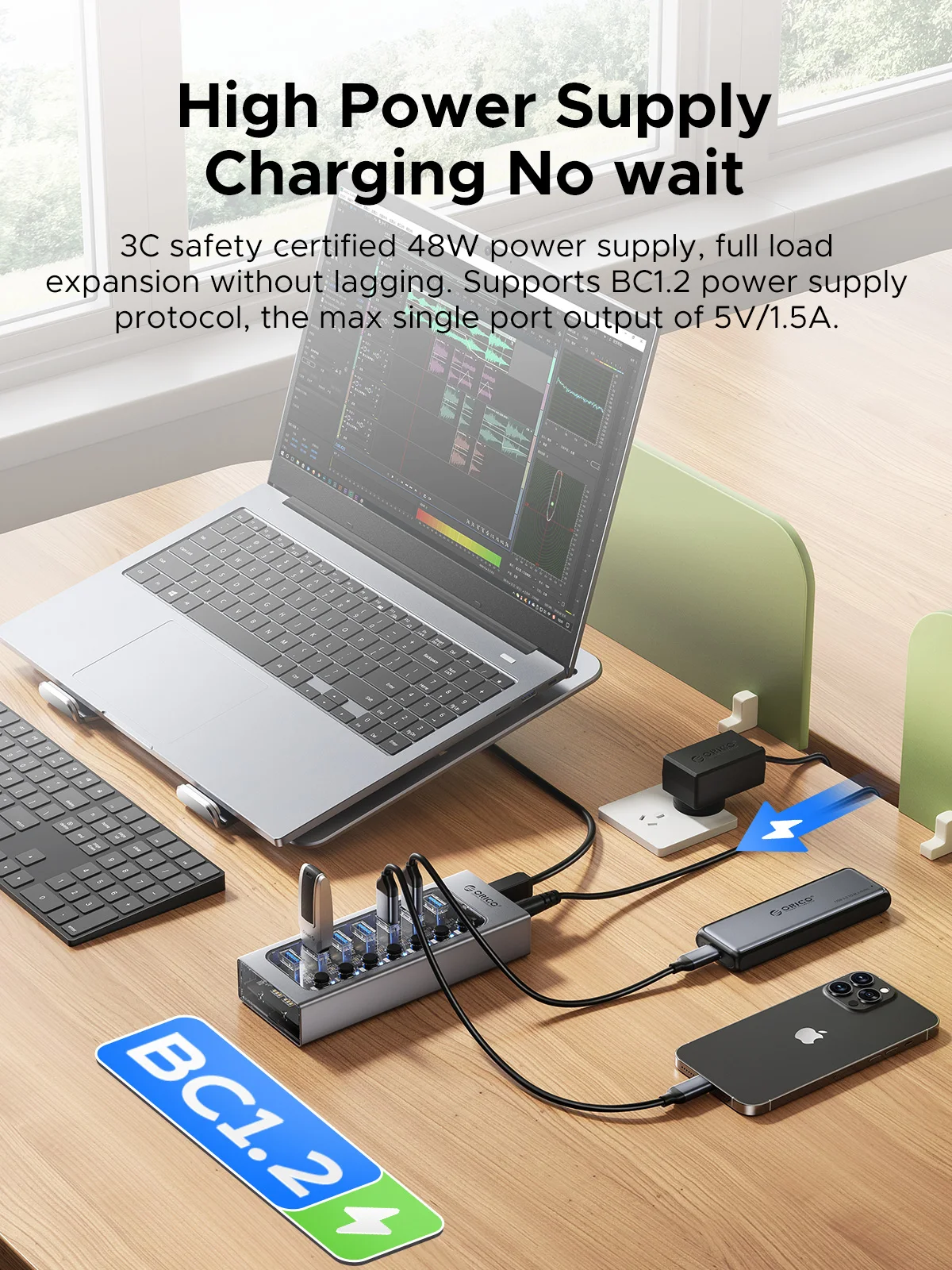 ORICO USB3.0 náboje aluminium průmyslový 7-port rozbočovač rozseknout spínač s 12v energie adaptér pro macbook mobilní telefon tablety